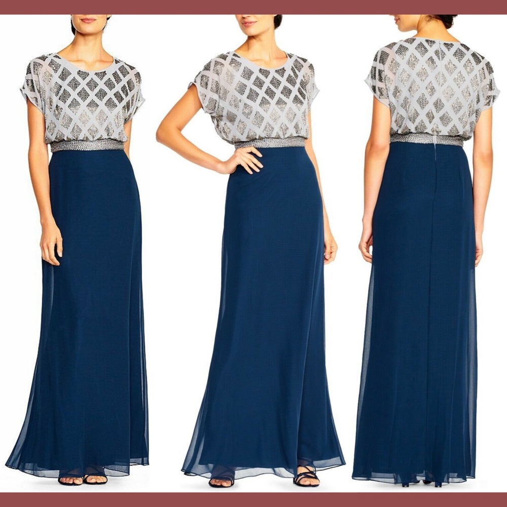 NWT Adrianna‎ Papell Beaded Colorblock Blouson Gown in Silver/Navy [SZ 10 ]